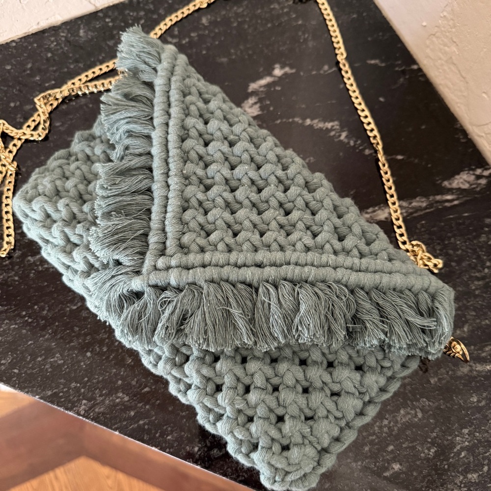 Handmade blue macrame envelope clutch with gold chain strap boho festival bag